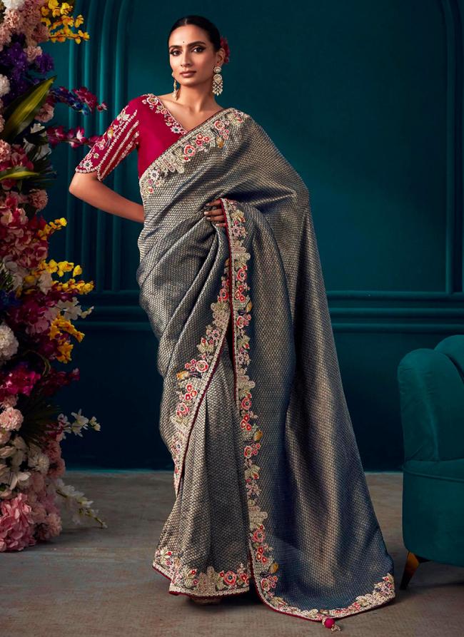 Pure Banarasi Kanjivaram Grey Wedding Wear Sequins Work Saree